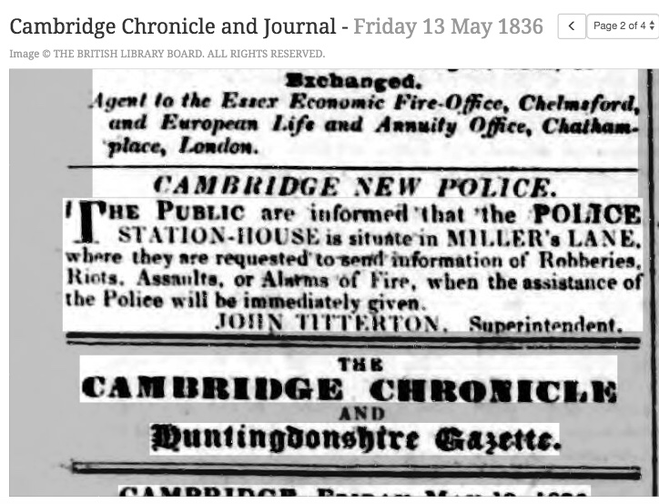 360513 First police advert Cambridge 1836